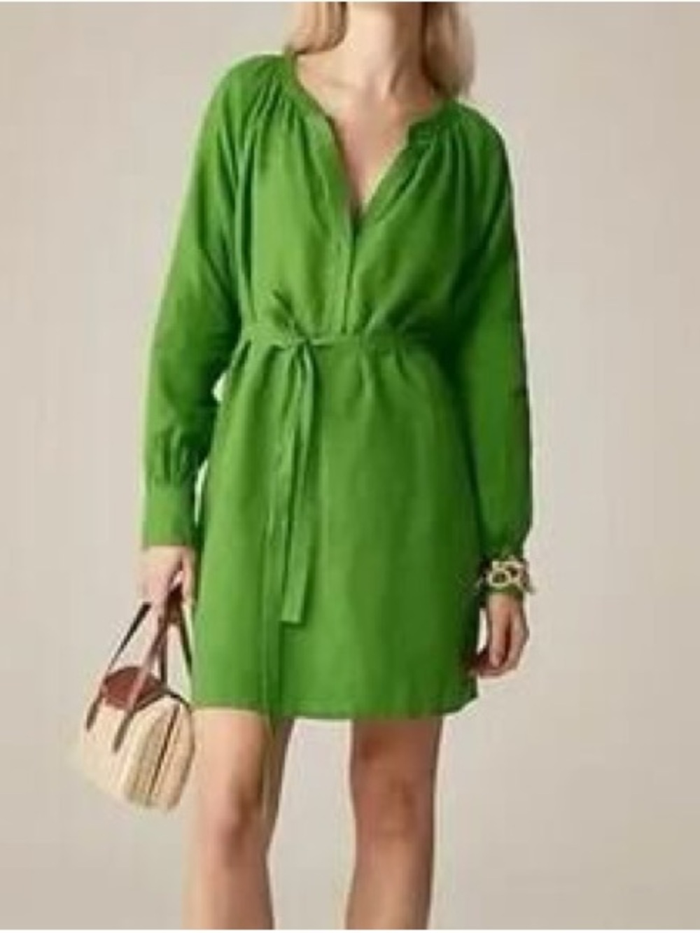 J. Crew women's size XS long sleeve Cabana mini dress in linen popover in green